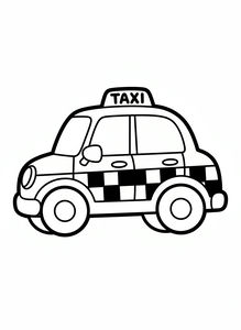 Prosty czarno-biały rysunek liniowy okrągłej taksówki w stylu rysunkowym. Samochód ma wyraźną szachownicę na drzwiach, duży znak taxi na dachu i grube koła na białym tle.
