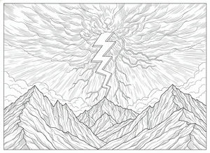 Un fulmine centrale a zigzag colpisce dall'alto di nuvole temporalesche vorticose su una maestosa catena montuosa. Il cielo è pieno di linee di luce radiante, mentre le vette rocciose presentano intricati dettagli di tratteggio.