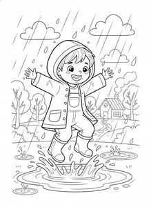 Et lykkelig barn med regnjakke og støvler hopper ut i en stor vannpytt med åpne armer. Regn faller ned over et landskap med et lite hus og runde trær.
