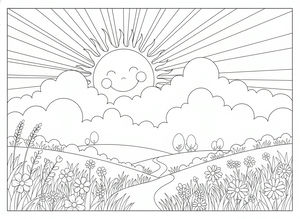 Desenho para colorir de um sol sorridente com raios solares a passar entre nuvens suaves. A cena inclui um prado com flores silvestres, relva alta, algumas árvores e um caminho até ao horizonte.