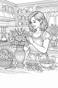 Una donna con il grembiule è al bancone della cucina mentre sistema un grande mazzo di rose e margherite in un vaso elegante. Lo sfondo mostra mensole in legno, una finestra con le tende e una cucina, creando un clima accogliente.
