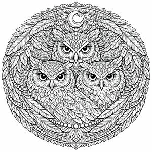 Um desenho para colorir de mandala circular altamente detalhado com três rostos de corujas rodeados por camadas de penas sobrepostas.