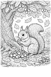 Um desenho de linhas detalhado de um esquilo sentado junto a um tronco de carvalho a segurar uma bolota. Uma pilha de bolotas está no chão entre folhas e cogumelos.