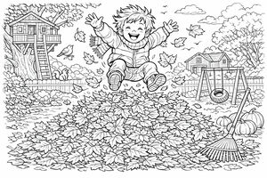 Un copil fericit cu fular sare într-o grămadă uriașă de frunze de toamnă într-o curte detaliată. Scena include o căsuță într-un stejar mare, un leagăn, dovleci și o greblă sprijinită de iarbă.