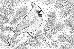Disegno lineare dettagliato in bianco e nero di un cardinale appollaiato su un ramo di pino coperto di neve. L'uccello ha una cresta alta e lo sfondo è ricco di aghi e fiocchi di neve.