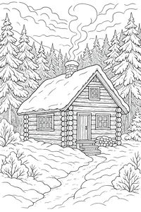 Un disegno a tratteggio dettagliato di una baita con fumo che esce dal camino in una fitta foresta. La neve copre il terreno e i rami degli alberi sempreverdi.