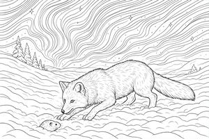 Una volpe artica dalla folta pelliccia è accovacciata in un campo innevato, con gli occhi fissi su un minuscolo lemming che esce da una tana. Lo sfondo presenta colline, piccoli alberi sempreverdi e un cielo spettacolare con motivi ondulati di aurore boreali e stelle luminose.