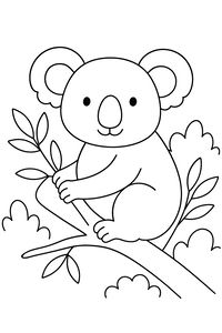 Um desenho de linhas simples de um coala sorridente sentado num ramo de árvore. O coala tem orelhas grandes e felpudas e um nariz redondo. Está rodeado por pequenos grupos de folhas de eucalipto e arbustos suaves num fundo branco.