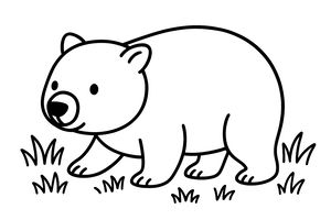 Um desenho linear simples a preto e branco de um vombate redondo a caminhar num campo. O vombate tem um nariz grande e pernas curtas, com tufos de relva espalhados.