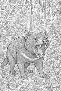Un disegno lineare in bianco e nero di un diavolo della Tasmania che ringhia in una fitta foresta pluviale tra piante tropicali e liane.