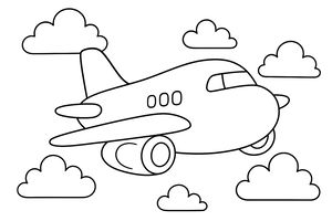 Semplice disegno a tratto di un grande aereo cargo con contorni spessi che vola attraverso nuvole soffici, progettato come un disegno da colorare
