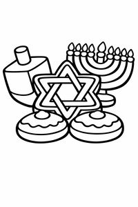 Schwarz-Weiß-Strichzeichnung einer neunarmigen Hanukkah-Menora mit brennenden Kerzen, einem hölzernen Dreidel und runden Keksen, die mit Davidssternen verziert sind