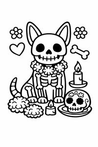 Eine einfache schwarz-weiße Strichzeichnung eines lächelnden Skeletthundes, der aufrecht sitzt. Er ist von Blumen, einem Zuckerschädel, einer brennenden Kerze und Symbolen wie einem Knochen und einem Herz umgeben.
