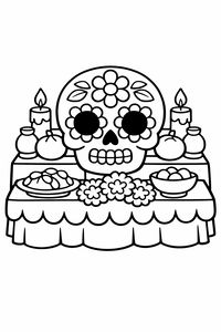 Eine einfache Strichzeichnung eines traditionellen mexikanischen Ofrenda-Altars. Ein großer Zuckerschädel mit Blumenmustern steht im Zentrum, umgeben von Kerzen, Blumen und Opferschalen auf einem Tisch mit Rüschendecke.