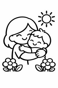 Preprosta risba nasmejane mame s paž frizuro, ki objema srečnega malčka. Ob njunih nogah rasteta dve veliki roži, v kotu pa sije sonce.
