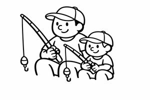 Desenho em linhas de um pai e filho sentados juntos segurando varas de pesca com linhas na água