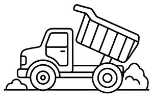 Einfache Linienzeichnung eines Kipplasters mit angehobener Kippfläche, zeigt Fahrerhaus, Räder und Kippmechanismus
