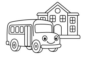 Un simpatico scuolabus a cartone animato con grandi occhi tondi e un sorriso parcheggiato davanti a una scuola. L'edificio ha un tetto a punta e finestre quadrate, tutto in stile semplice.