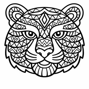 Un disegno a linee bianche e nere della testa di una tigre vista di fronte. Il volto è decorato con motivi geometrici simmetrici all'interno delle sue strisce. Il disegno ha contorni marcati.