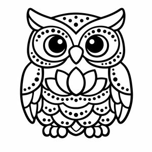 Un disegno in bianco e nero di un gufo rotondo e carino rivolto in avanti. Il gufo ha grandi occhi circolari ed è decorato con motivi mandala semplici.