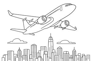 Un disegno in bianco e nero di un aereo di linea in virata sopra una metropoli. L'aereo ha due motori sotto le ali. Sotto si vede un paesaggio urbano dettagliato con molti palazzi alti e soffici nuvole.