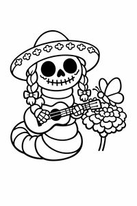 Un semplice disegno a linee di un bruco con la faccia da teschio e un sombrero che suona la chitarra. Una farfalla riposa su un fiore. Il disegno ha contorni spessi e facili.