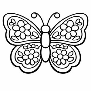 Um desenho de linha simétrico de uma borboleta com asas grandes. Dentro de cada secção da asa existem flores simples e pequenos corações. As linhas são grossas e as formas arredondadas para uma atividade de colorir acessível.