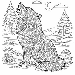 Desenho de linha de um lobo sentado preenchido com padrões mandala e zentangle detalhados, posicionado em uma clareira florestal com pinheiros, montanhas, lua, nuvens, flores e cogumelos