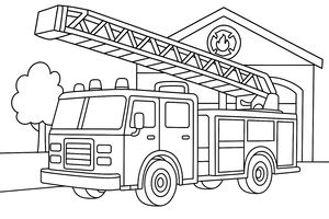 Hasičský vůz s vysunovaným žebříkem zaparkovaný na stanici hasičů, se stromem v pozadí