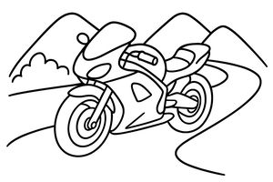 Jednoduchá liniová kresba sportovního motocyklu naklánějícího se v zatáčce na klikaté cestě. V pozadí se tyčí horské štíty pod jasnou oblohou. Motorka má robustní kola a zaoblenou aerodynamickou karoserii.