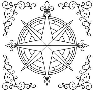 Un'elegante rosa dei venti a otto punte con un giglio in alto, circondata da diversi anelli circolari. Intricati motivi a linee curve decorano i quattro angoli della cornice quadrata.