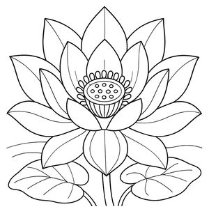 Un disegno dettagliato in bianco e nero di un grande fiore di loto sbocciato. Il fiore presenta molti petali appuntiti e un centro strutturato, con due foglie di ninfea alla base.