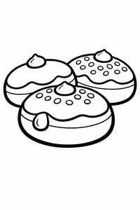 Um desenho simples de três sufganiyot redondos. Cada sonho tem uma gota de geleia no topo e pequenos círculos decorativos, com contornos pretos grossos.