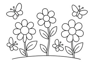 Um desenho de linha simples de três margaridas grandes a crescer numa colina com quatro borboletas a voar. A imagem tem contornos pretos grossos e espaços abertos.