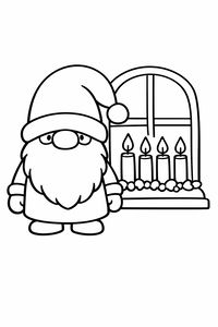 Un disegno a linee di uno gnomo barbuto con un grande cappello a punta accanto a una finestra ad arco. Sul davanzale ci sono quattro candele dell'Avvento accese. Il personaggio ha un naso tondo e un aspetto amichevole.