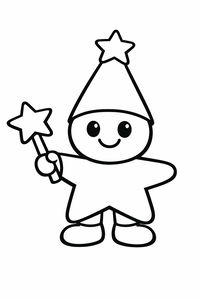 Un semplice disegno a linee di un bambino stella sorridente. Indossa un cappello a cono con una stella sulla punta e tiene una bacchetta magica. Il personaggio ha un corpo a forma di stella e occhi tondi.