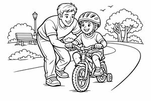Um pai inclina-se para guiar o seu filho pequeno que usa um capacete e anda numa bicicleta pequena com rodinhas. Estão num caminho pavimentado num parque ensolarado com árvores frondosas, um banco de madeira e pássaros a voar no céu.