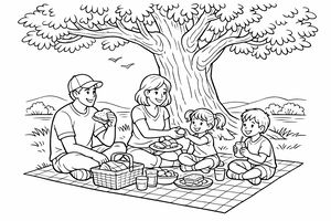 Uma família de quatro pessoas está sentada numa manta de piquenique axadrezada sob um carvalho frondoso. O pai usa um boné e come uma sanduíche, enquanto a mãe entrega um lanche à filha. O filho bebe por uma caneca ao lado de uma cesta de vime.