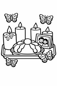 Eine einfache Strichzeichnung eines Altars zum Tag der Toten auf einem Tablett. Zu sehen sind ein rundes Pan de Muerto-Brot, vier dicke Kerzen, ein Foto eines lächelnden Paares und vier flatternde Monarchfalter.