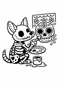 Ein niedlicher Skeletthund sitzt auf dem Boden und hält einen Pinsel sowie eine Farbpalette. Er bemalt einen großen Zuckerschädel mit floralen Mustern an einer Wand, während eine kleine Farbdose daneben steht.