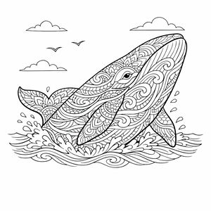 Una grande balena decorata con intricati motivi mandala e onde salta da un oceano in tempesta. Spruzzi d'acqua si alzano intorno alla coda mentre nuvole e uccelli riempiono il cielo in questo disegno a linee.