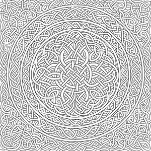 Um desenho para colorir avançado que mostra um grande nó celta circular no centro, rodeado por anéis concêntricos de padrões entrelaçados. O fundo está preenchido com linhas sinuosas e complexas.
