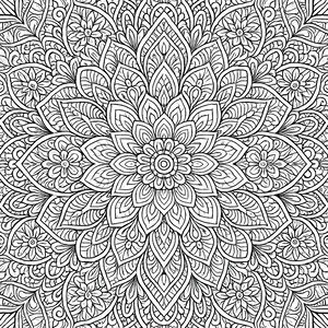 Un disegno da colorare di un mandala molto dettagliato con un nucleo circolare centrale circondato da strati simmetrici di petali appuntiti e piccoli motivi floreali. I tratti fitti riempiono l'intera tela con intricati motivi di foglie e boccioli.