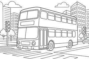Velký patrový autobus projíždí městskou křižovatkou. Pozadí ukazuje vysoké kancelářské budovy a byty, se semafory na chodníku a zebrou na silnici.