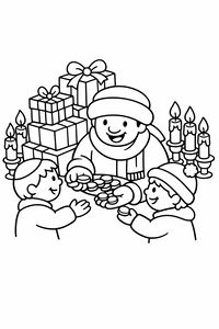 Ein Erwachsener teilt eine Handvoll goldener Schokoladenmünzen mit zwei glücklichen Kindern in Wintermützen. Ein großer Stapel Geschenkboxen und brennende Kerzen zieren den Hintergrund dieser einfachen Strichzeichnung.