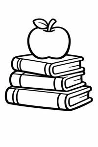 Eine einfache Schwarz-Weiß-Zeichnung von drei ordentlich gestapelten Büchern. Ein runder Apfel mit einem kleinen Blatt liegt auf dem obersten Buch. Die Linien sind dick und abgerundet für leichtes Ausmalen.