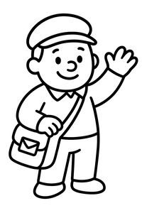 Un facteur amical avec un grand sourire salue de la main. Il porte une casquette de la poste et une grande sacoche en bandoulière. L'illustration présente des contours noirs épais sur un fond blanc.