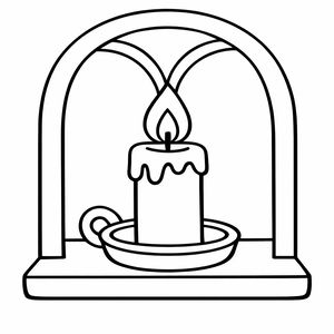 Desenho a preto e branco de uma vela acesa num prato no aro de uma janela em arco.