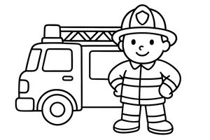 Un semplice disegno a linee di un vigile del fuoco sorridente con casco e divisa a strisce. Si trova accanto a un camion dei pompieri con scala e sirena sul tetto.