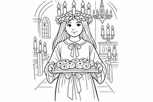 Ein Mädchen im Lucia-Gewand trägt eine brennende Kerzenkrone und hält ein Tablett mit Safranbrötchen. Der Hintergrund zeigt das Innere einer Kirche mit Bögen und Kerzen auf den Bänken.